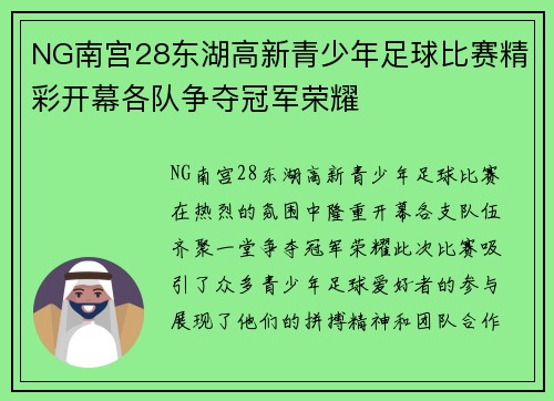 NG南宫28东湖高新青少年足球比赛精彩开幕各队争夺冠军荣耀